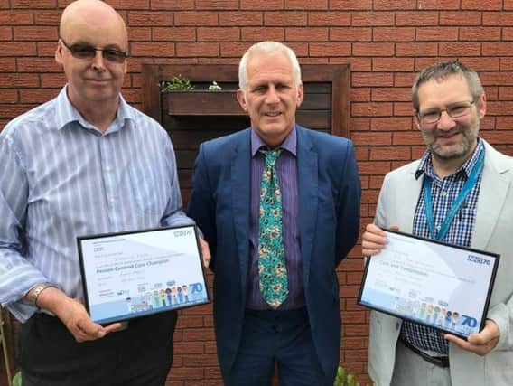 Gordon Marsden (centre) with his NHS 70 Champions for Blackpool South, Alan Reid and Dr Robert Wheatley