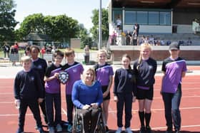 Thames Primary, winners of the large schools' athletics at the Blackpool Youth Games, with Paralympian Shelly Woods