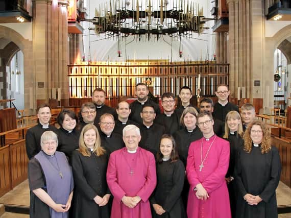 The Rt  Rev.  Julian  Henderson,  Bishop  of  Blackburn,  front  third  from  left  and  Rt  Rev.  Philip  North,  Bishop  of  Burnley,  front,  second  from  right with the ordinands at Blackburn Cathedral ahead of this weekend's ordination ceremonies