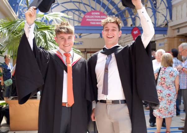 Blackpool and The Fylde College graduation ceremony at the Winter Gardens.  Connor Robinson and Michael Whitehead.