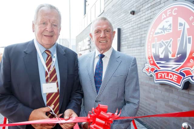 England rugby legend Bill Beaumont, with AFC Fylde chairman David Haythornthwaite, cuts the ribbon at the opening of the AFC Fylde sports and educatuion centre at Mill Farm
