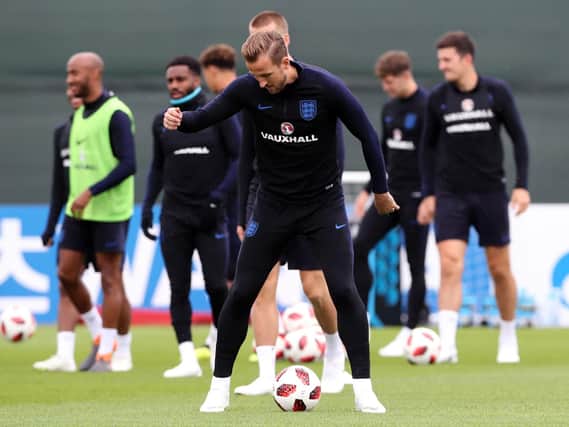 England captain Harry Kane in action during training ahead of the World Cup semi-final against Croatia