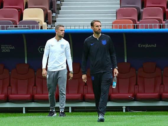 Manager Gareth Southgate and captain Jordan Henderson take a look around the Luzhniki Stadium