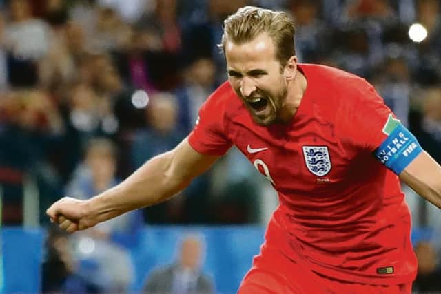England's Harry Kane celebrates scoring his side's first goal of the game from the penalty spot during the FIFA World Cup 2018, round of 16 match at the Spartak Stadium, Moscow. Photo credit: Adam Davy/PA Wire