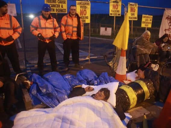 A lock-on at the entrance of Cuadrilla's Preston New Road drill site, the type of blockade action which is banned by the injunction