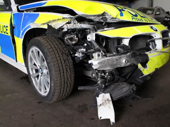 Damage caused to a police vehicle after Martin Jobes, 47, rammed it into the central reservation on the A19 during a 40-minute pursuit. Photo credit: Northumbria Police/PA Wire