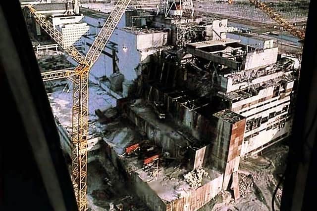 The nuclear power plant at Chernobyl,  in the former USSR (now Ukraine), located 80 miles north of Kiev, showing the massive damage sustained when the reactor blew up on April 25th -26th, 1986 in what is the World's worst nuclear power accident.