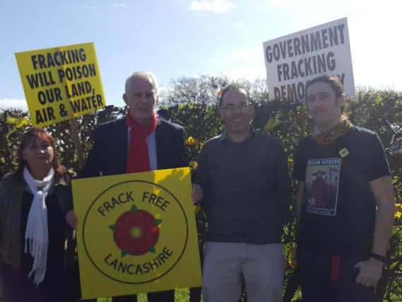 Blackpool South MP Gordon Marsden, second left, who has been an opponent of fracking near Blackpool, at the Preston New Road drill site to support campaigners