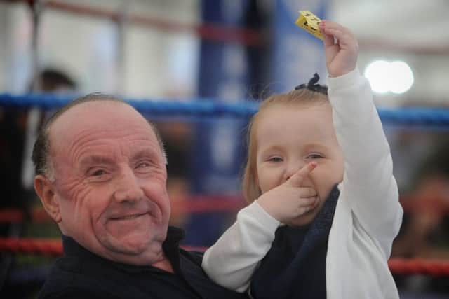 A white-collar boxing evening was organised at Kirkham and Wesham Cricket Club to raise funds for three year-old Jorgie Rae Griffiths, who is suffering from neuroblastoma.
Jorgie Rae and her father Barry appear to have won the raffle.  PIC BY ROB LOCK
28-7-2018