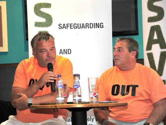 Paul Stewart, left, speaking at a charity event in Blackpool in June
