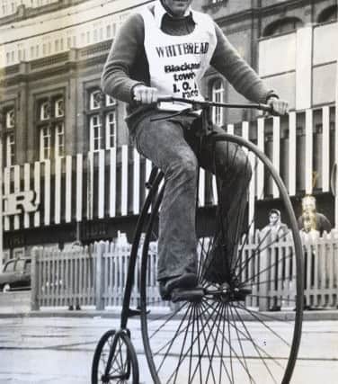 No hand signals from Nicholas Lancaster, of Pilling, as he arrives at the checkpoint at Blackpool Tower, on a penny farthing bicycle, in June 1973. Nicholas was representing Fleetwood and District Motorcycle Club in the race