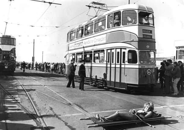 The first ever Great Blackpool Tram Race along the seafront, in 1984