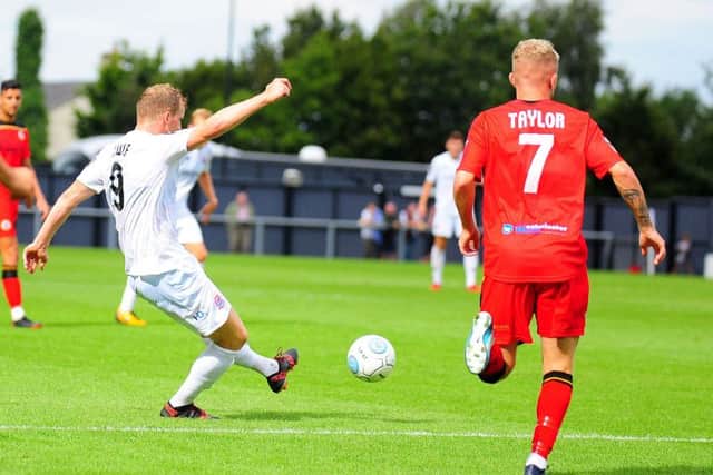 Danny Rowe scores the winner on the opening day for AFC Fylde     Picture: Steve McLellan