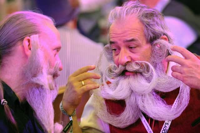 The British Beard and Moustache Championships were held at the Empress Ballroom in the Winter Gardens, Blackpool on Saturday. Competitors came from all over the UK and Europe to take part in the annual competition. A beard conversation. Picture by Paul Heyes, Saturday August 18, 2018.
