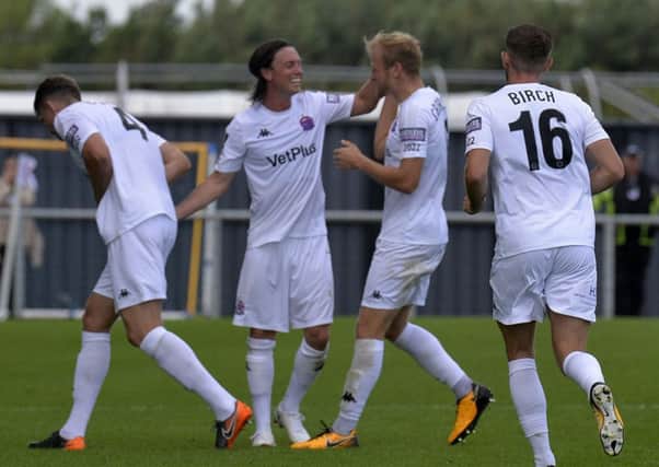 Team-mates celebrate after Joe Cardle scored his first goal for the Coasters	   Picture: Steve McLellan