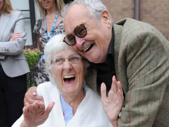 Bobby Ball with fan and former patient Marina Schofield at the official opening of Clifton Hospital's patient friendly garden