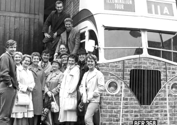 "The cast of Coronation Street get ready for their outing to Blackpool. " "Violet Carson and the rest of the cast of the Granada serial will switch on Blackpool's Â£500,000 Illuminations tonight." "Some of the cast are seen here with the specially decorated bus they will travel in to Blackpool" L-r William Roache (Ken Barlow), Betty Alberge (Florrie Lindley), Daphne Oxenford (Esther Hayes), Anne Reid (Valerie Tatlock), Ivan Beavis (Harry Hewitt), Margot Bryant ( Minnie Caldwell), Frank Pemberton (Frank Barlow), Arthur Leslie (Jack Walker ) Doreen Keogh (Concepta Riley), Philip Lowrie (Dennis Tanner) Christine Hargreaves (Christine Hardman) . On the steps Ernst Walder (Ivan Cheveski), Peter Adamson (Len Fairclough). Published EG 01/09/1961