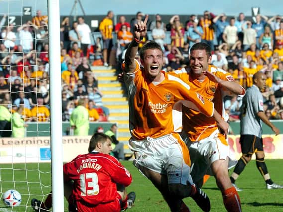 Blackpool v Bradford City August 2005. Simon Wiles celebrates his goal with John Murphy in front of stunned Bradford keeper Russell Howarth