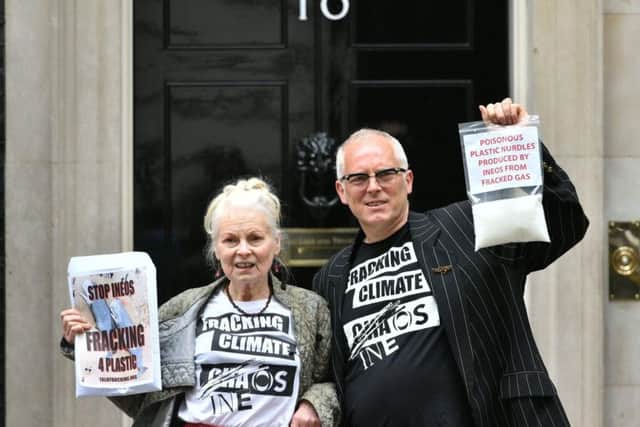 Dame Vivienne Westwood with her son Joe Corre at an anti-fracking protest at 10 Downing Street