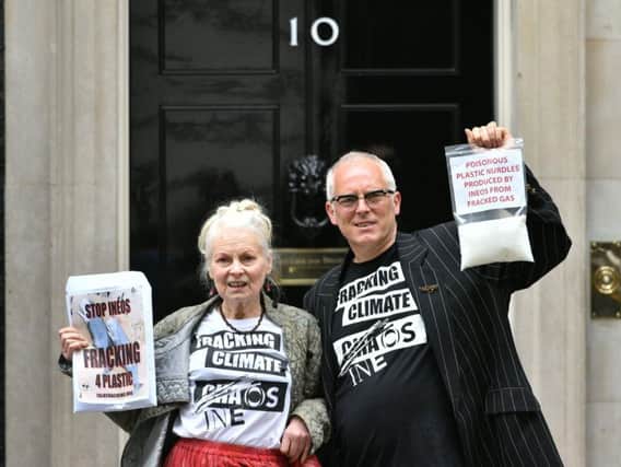 Dame Vivienne Westwood with her son Joe Corre at an anti-fracking protest at 10 Downing Street