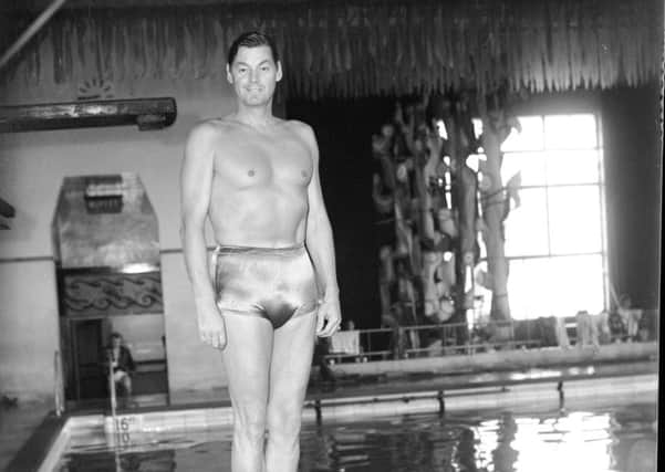 Johnny Weissmuller (famous for his role as Tarzan), former Olympic swimming champion, he was in Blackpool to perform at "The Water Follies" at the Derby Baths, in 1949