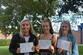 Bethany Needham, Eliza Tiffen and Olivia Cooper collect their A-level results at Carr Hill, Kirkham