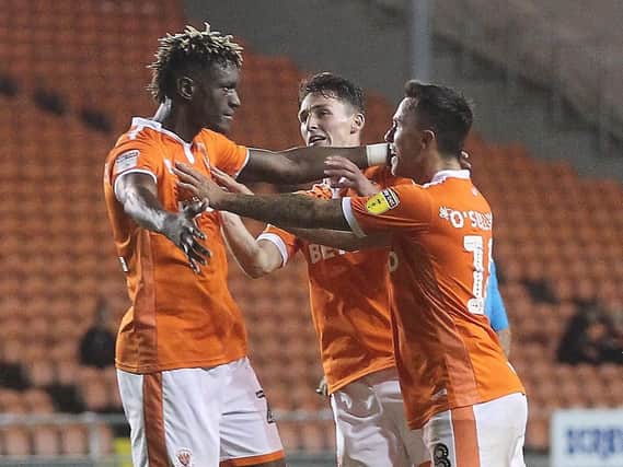 Blackpool's Armand Gnanduillet celebrates scoring in the first round of the Carabao Cup