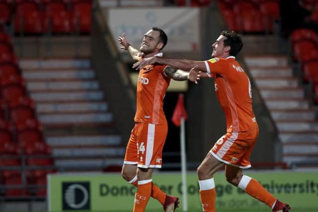 Harry Pritchard celebrates after putting Blackpool in front