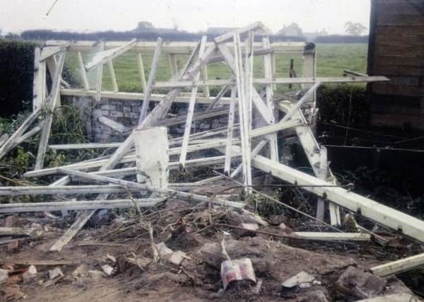 Wrecked greenhouse at Willow Cottage the crashed Lightning in Pilling in September 1968