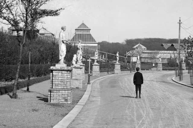Looking along the statue lined main drive of Raikes Hall Gardens in the 1890s