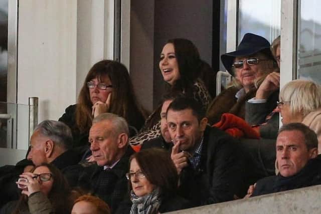 Natalie Christopher with her father Owen Oyston at Bloomfield Road