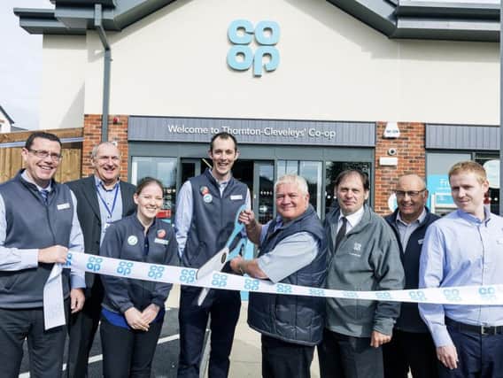 The opening of the new Co-Op , Fleetwood Road North in Thornton   L-R Lee Thomas,  Tony Bill, area manager ,Lily Grantham , Ian Taylor ,store manager , Howard Ballard ,  member pioneer with Co op and Councillor for Wyre Borough , Nigel Dawson ffrom Co-Op funeralcare, Steve Hodgkiss and Robert Finch.