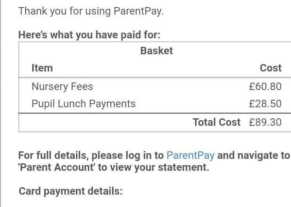 An invoice to one parent, which included a Â£20.50 fee for "pupil lunch payments"