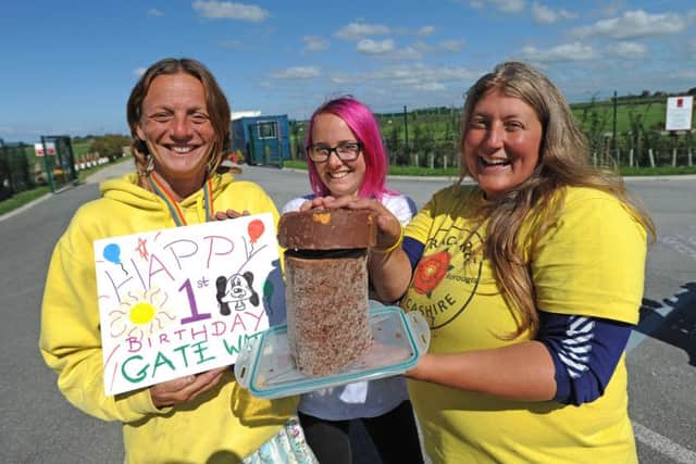 Anti-frackers celebrate the 1st birthday of GateWatch at the Preston New Road site.  Pictured are Katrina Lawrie, Kai Sinclair and Frances Smart.