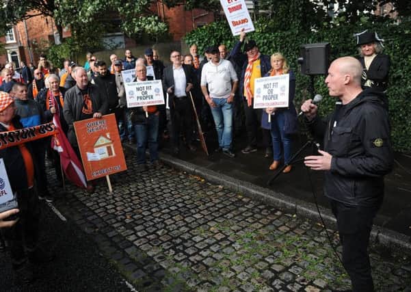Blackpool FC supporters gathered outside the English Football League's (EFL) headquarters in Preston to protest about the continuing ownership of the club by the Oyston family.
Andy Higgins addresses the protestors.  PIC BY ROB LOCK
14-9-2018