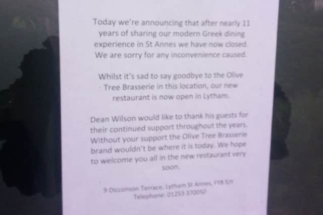 The message posted on the door of the Olive Tree in St Annes following its closure