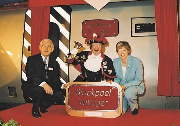 With Theresa May and former Virgin Trains boss Chris Green at the naming of the Blackpool Voyager in 2002.