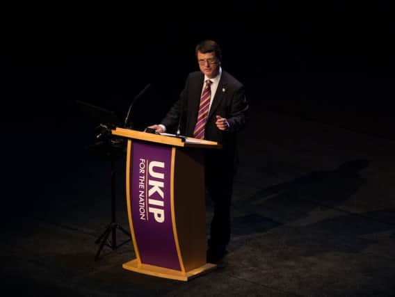 Ukip Party leader Gerard Batten gives his leader speech at the Ukip annual conference at the International Convention Centre in Birmingham. Photo credit: Aaron Chown/PA Wire