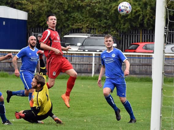 Ric Seear hits the woodwork  for Squires Gate at Hanley  Picture: ALBERT COOPER