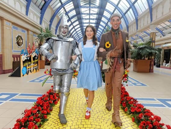 Kelvin Fletcher as Tin Man, Holly Tandy as Dorothy, and Keiran McGinn as Scarecrow at the launch photocall for Wizard Of Oz at the Opera House, Blackpool