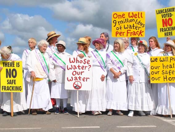 A photograph taken by Ros Willis of Fylde campaigners dressed as suffragettes at the Preston New Road drill site