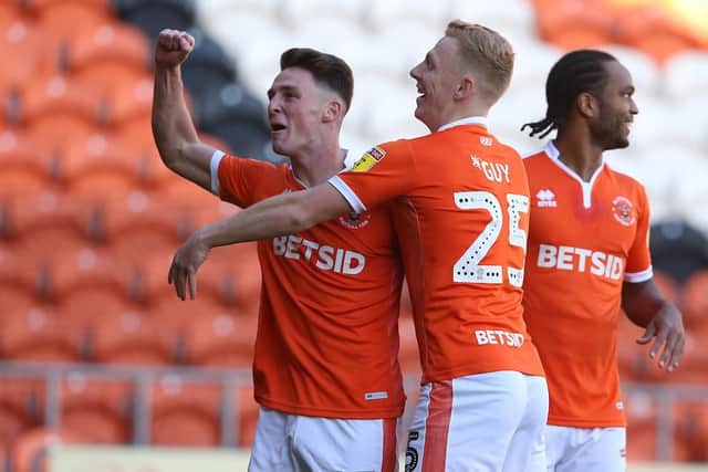 Jordan Thompson celebrates scoring his first goal for Blackpool