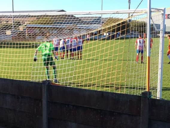 Mike Hall fired just over with this free-kick after scoring one from a similar position