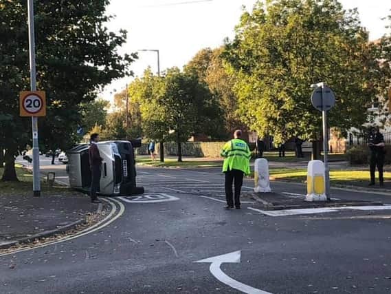 Overturned car at junction of South Park and Ballam Road Lytham. Picture: Andrew Weston
