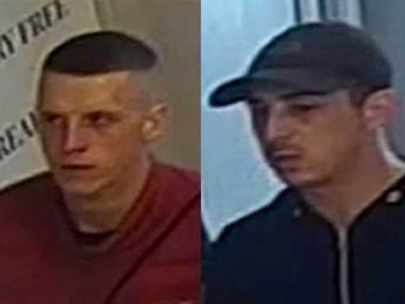 CCTV images issued by Greater Manchester Police of two men they want to speak to after a mother was punched and her disabled child verbally abused in Manchester city centre. Photo credit: GMP/PA Wire