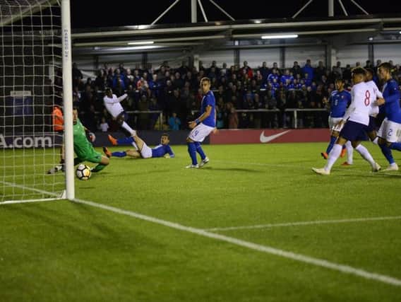 Edward Nketiah opens the scoring for England at Mill Farm
