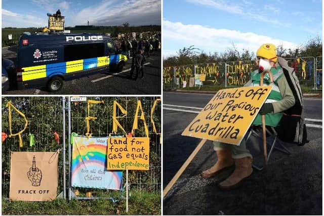 Fracking protesters outside energy firm Cuadrilla's site in Preston New Road, Little Plumpton