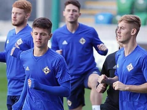 Thompson in training with Northern Ireland U21s
