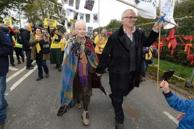 Dame Vivienne Westwood and son Joe Corre protest outside the energy firm Cuadrilla's facking site in Preston New Road, Little Plumpton, near Blackpool. Photo credit: PA Wire