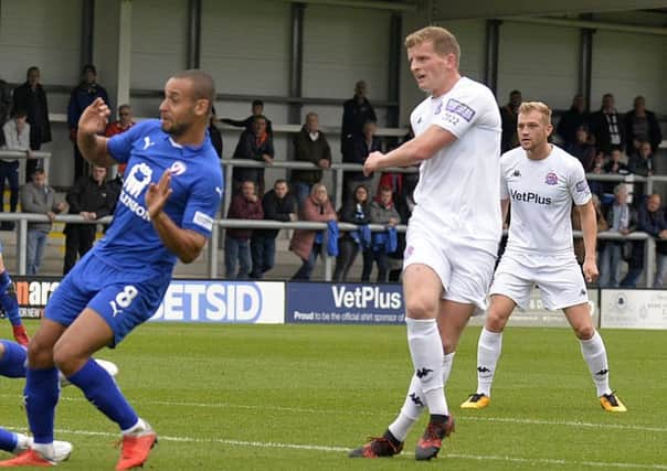 Danny Rowe fires AFC Fylde into the lead against Chesterfield       Picture: Steve McLellan